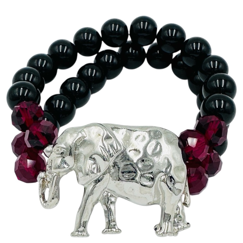 Silver Tone Elephant Glass Beaded Stretch Bracelet